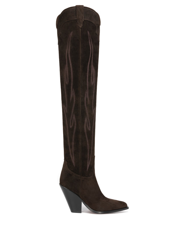HERMOSA Women's Over The Knee Boots in Brown Suede Oil | On Tone Embroidery