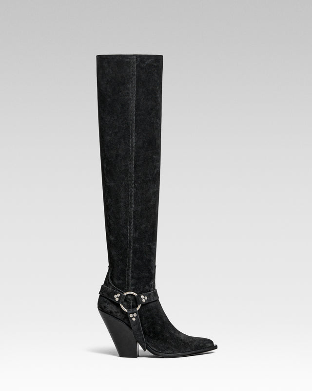 ACAPULCO BELT Women's Knee Boots in Off Black Suede Oil | Leather Harness