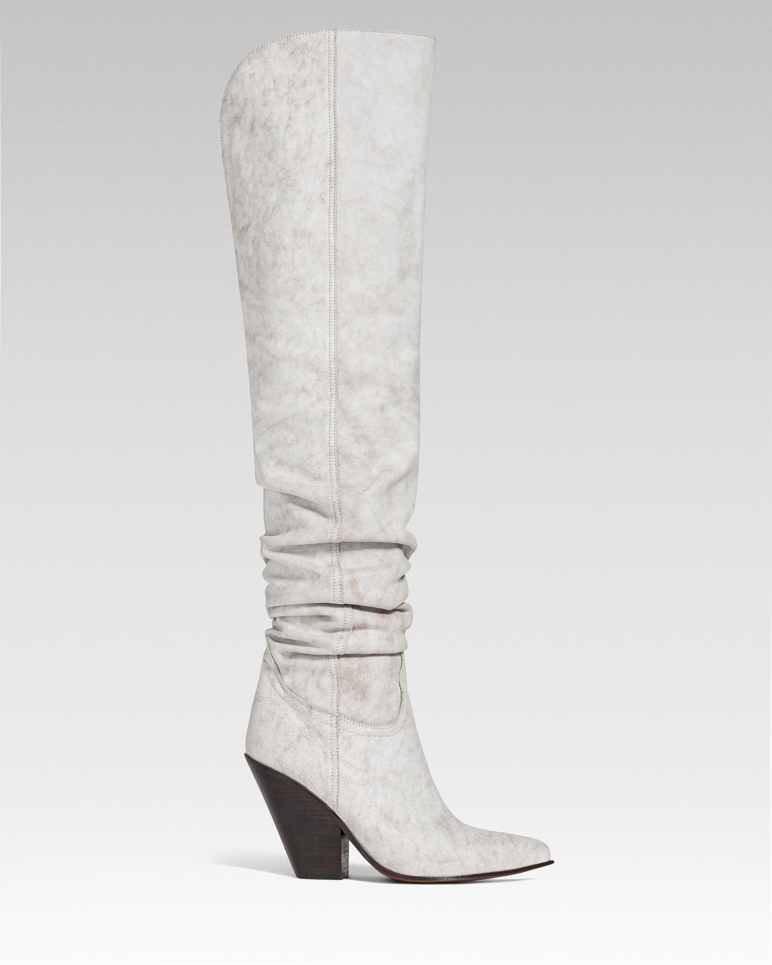 ALAMOS Woman's Knee Boots in Dusty White Cracked Leather