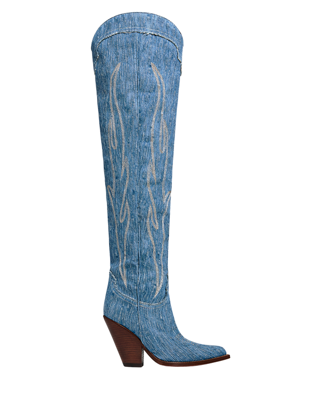 HERMOSA Women's Over The Knee Boots in Light Blue Jeans | Ecru Embroidery