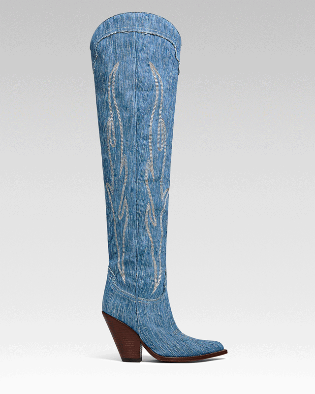 HERMOSA Women's Over The Knee Boots in Light Blue Jeans | Ecru Embroidery