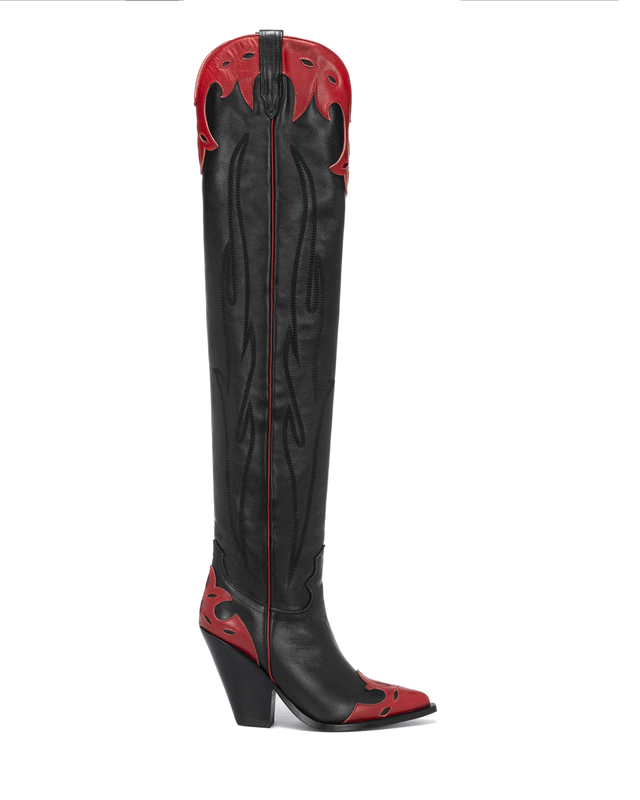 MELROSE Women's Over The Knee Boots in Black and Red Nappa Calf | On Tone Embroidery