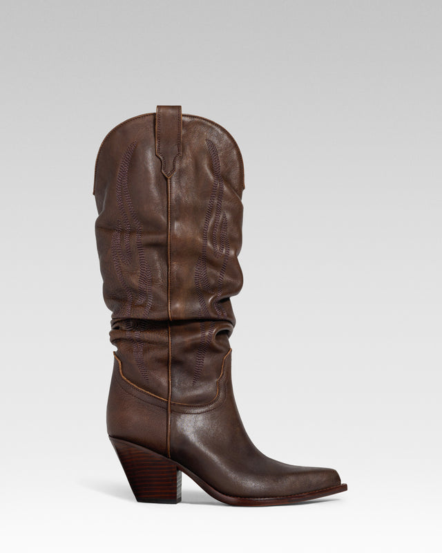 RUIDOSO SLOUCHY Woman's Ankle Boots in Brown Gloves Leather | On tone Embroidery