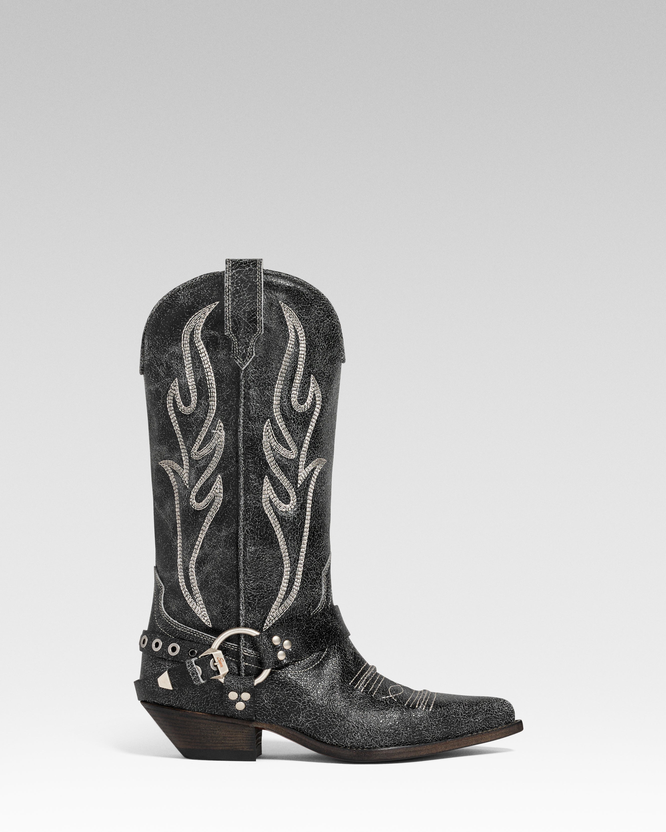 SANTA FE Woman's Cowboy Boots in Black Crazed Leather | Ecru Embroidery