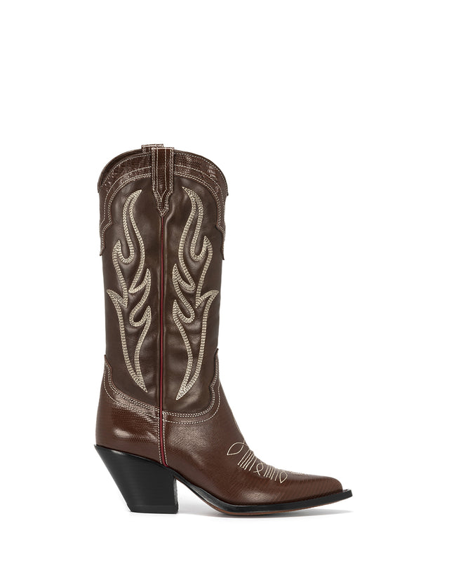 SANTA FE Women's Cowboy Boots in Brown Vacchetta and Printed Lizard | Ecru Embroidery