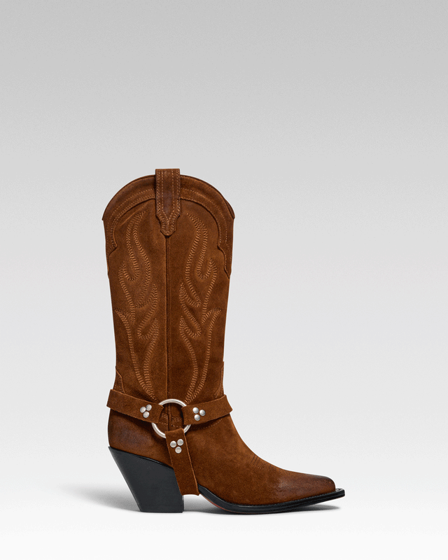 SANTA FE BELT Women's Cowboy Boots in Rusty Brown Suede Oil | On Tone Embroidery