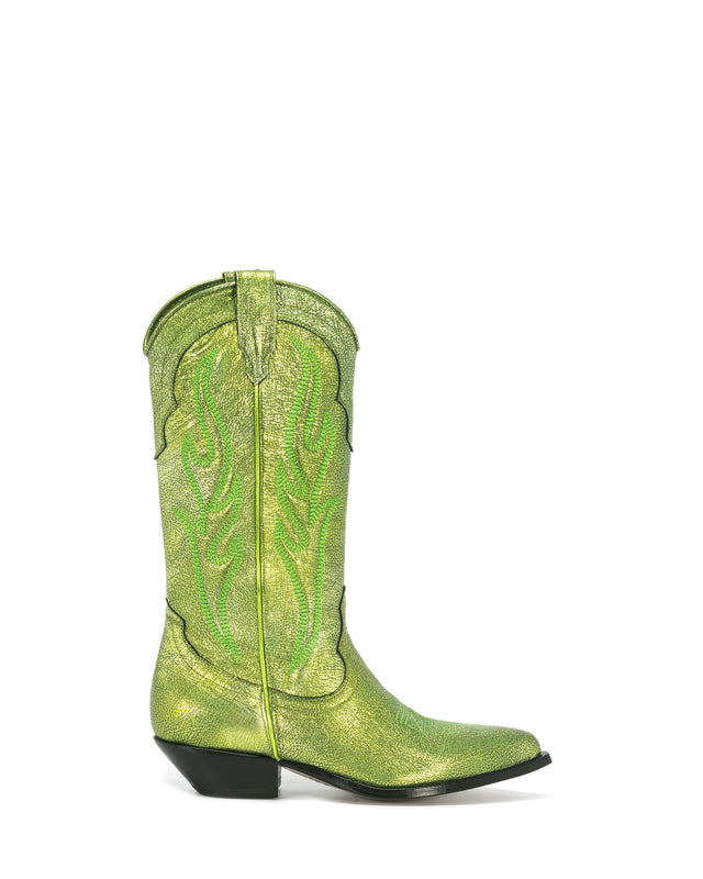 SANTA FE Women's Cowboy Boots in Green Laminated Goatskin | On Tone Embroidery_Side_01