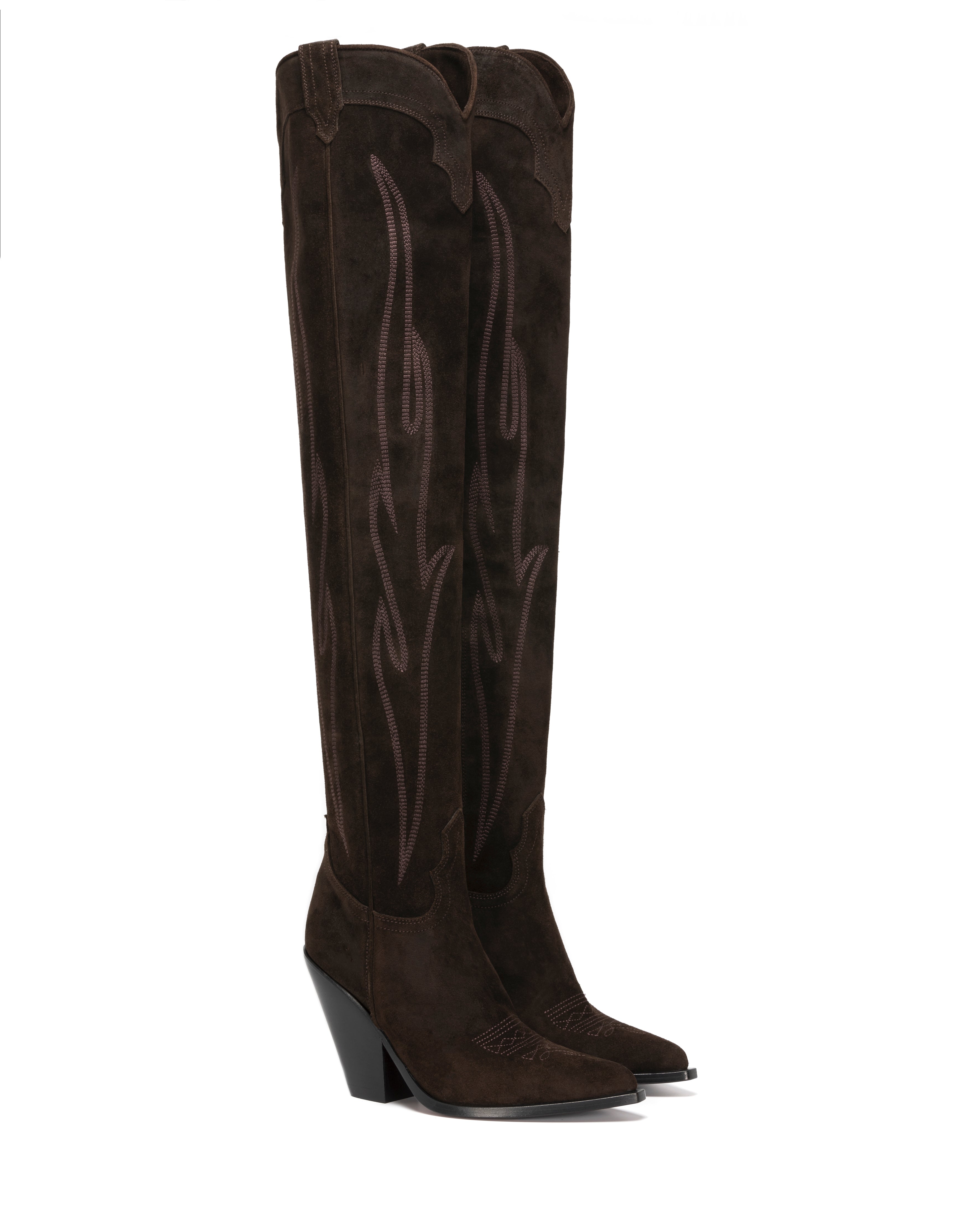 HERMOSA Women's Over The Knee Boots in Brown Suede Oil | On Tone Embroidery