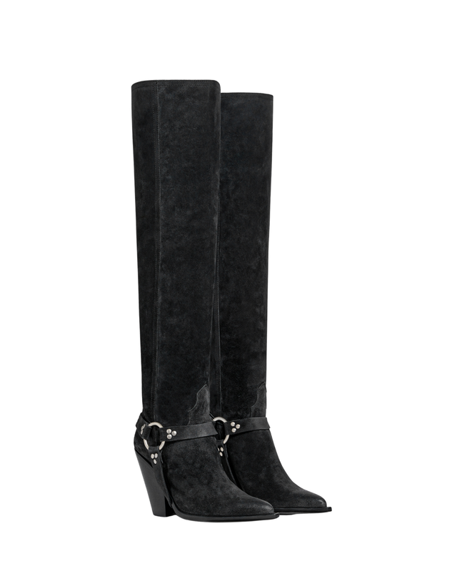 ACAPULCO BELT Women's Knee Boots in Off Black Suede Oil | Leather Harness