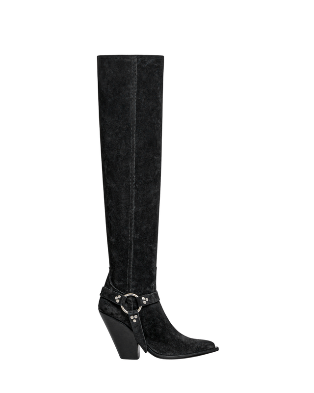 ACAPULCO BELT Women's Knee Boots in Off Black Suede Oil | Leather Harness