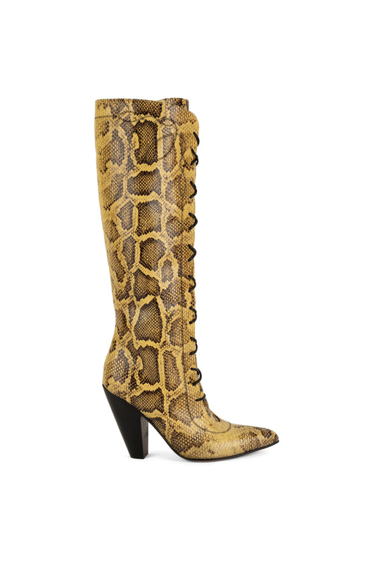 ADELITA Woman's Knee Boots in Glazed Yellow Printed Python