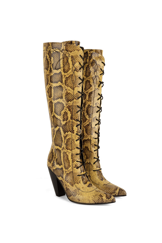 ADELITA Woman's Knee Boots in Glazed Yellow Printed Python