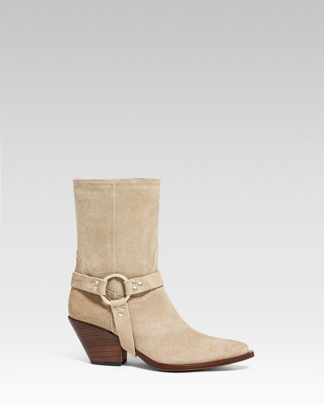 ATOKA BELT Women's Ankle Boots in Taupe Suede | Leather Harness