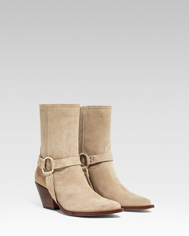 ATOKA BELT Women's Ankle Boots in Taupe Suede | Leather Harness