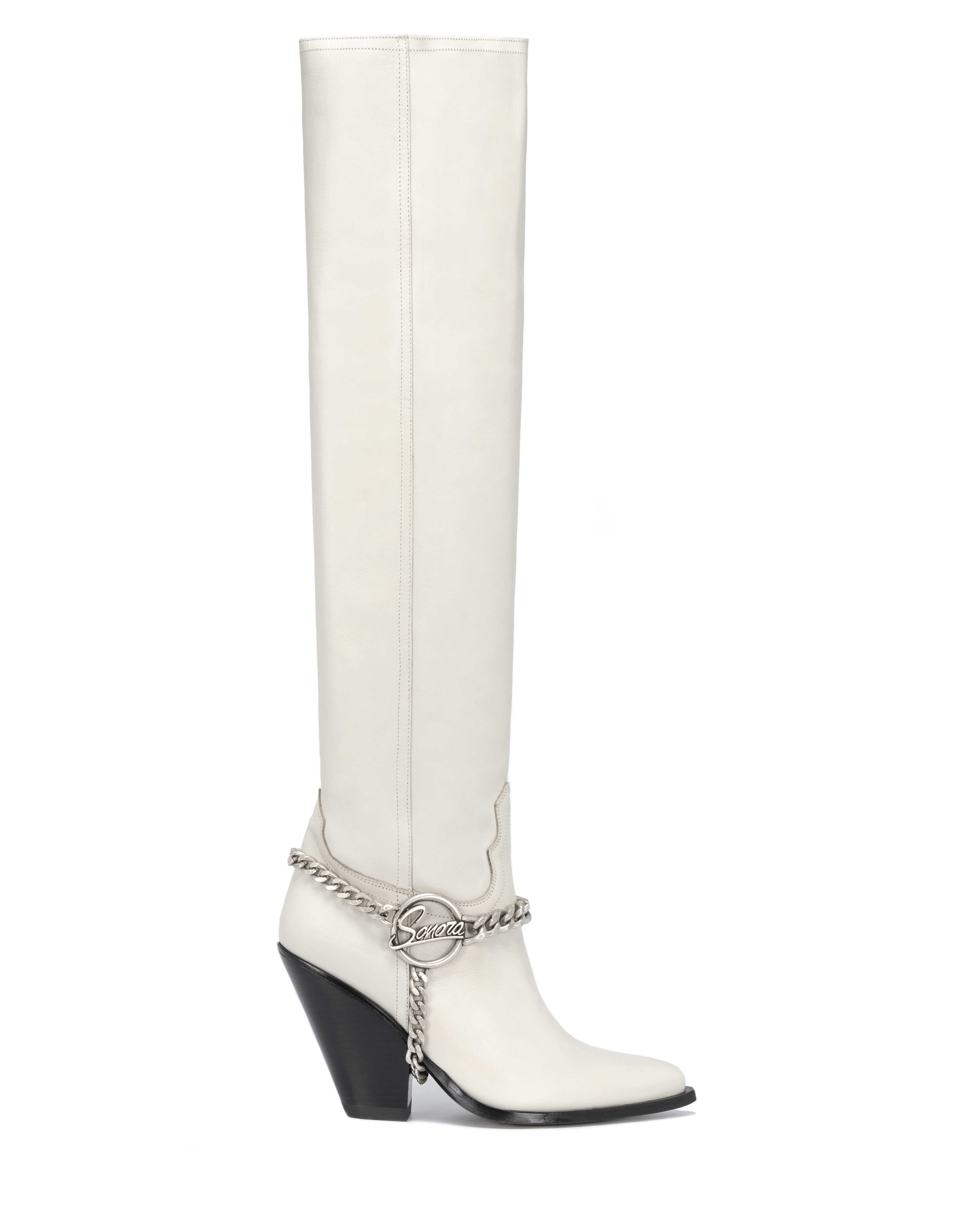 ACAPULCO BELT Women's Knee Boots in Cream Nappa | Metal Belt