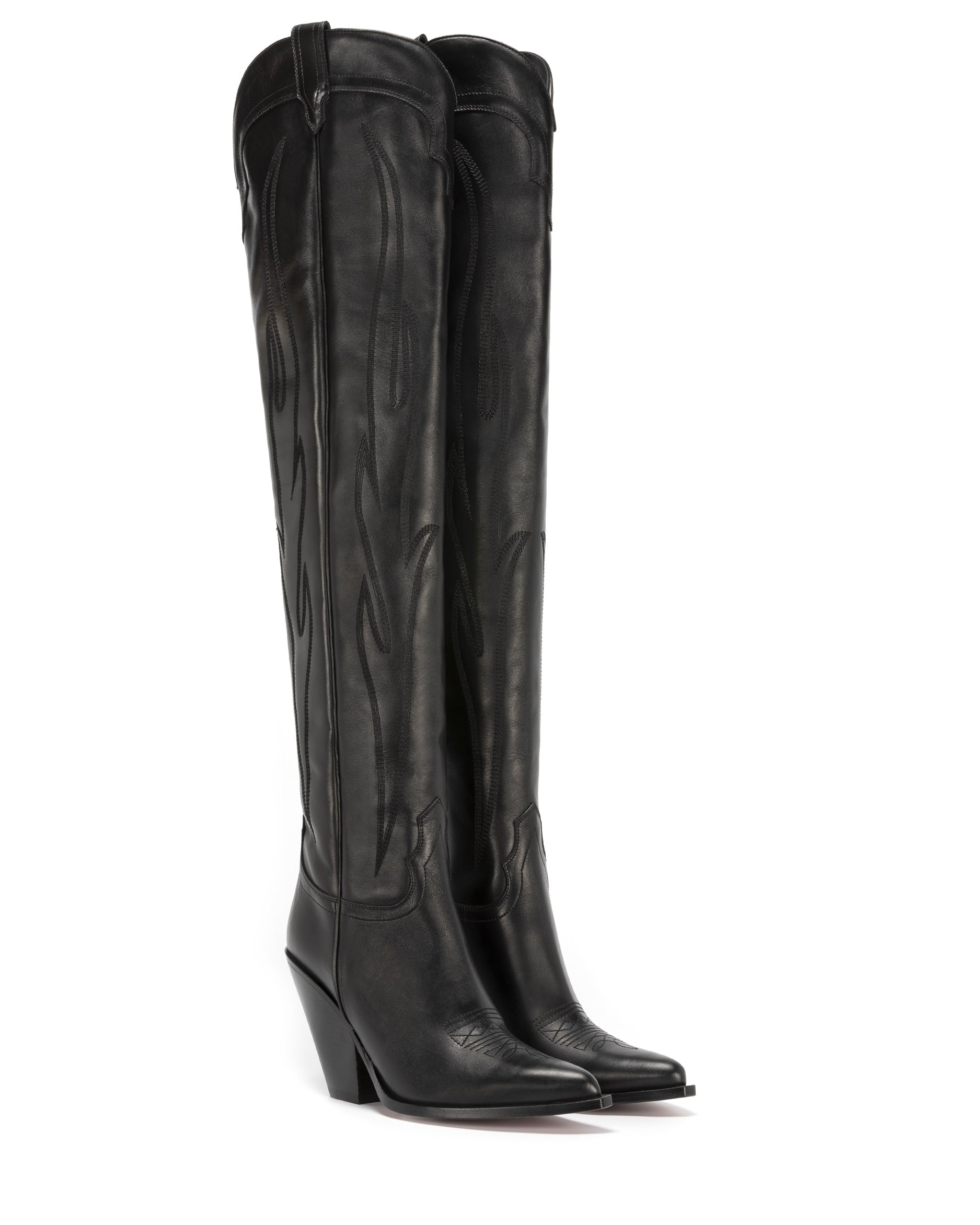 HERMOSA Women's Over The Knee Boots in Black Calf | On Tone Embroidery