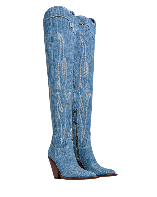 HERMOSA Women's Over The Knee Boots in Light Blue Jeans | Ecru Embroidery