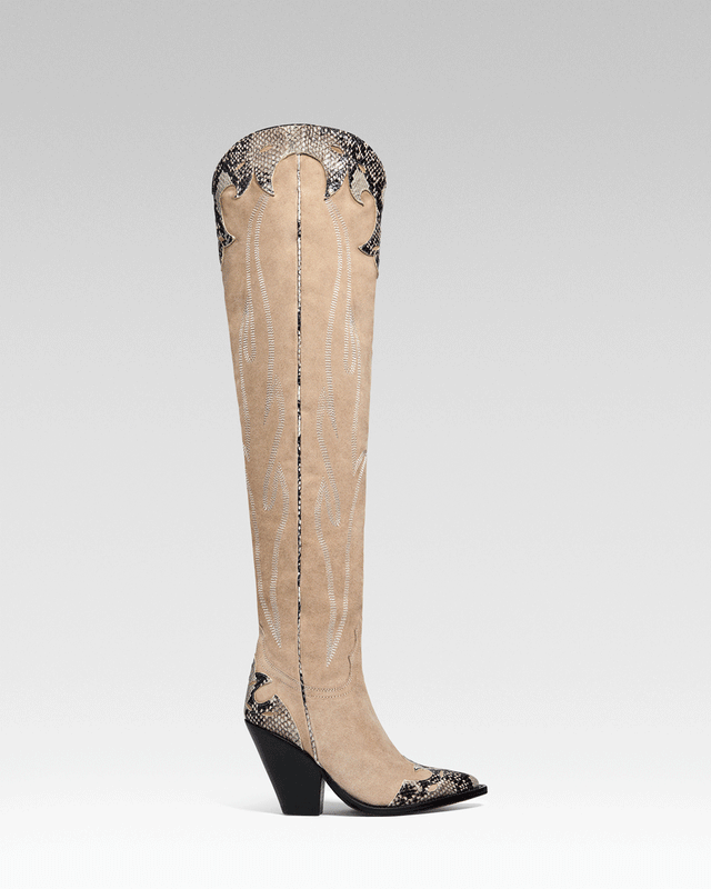 MELROSE Women's Over the Knee Boots in Sand Suede | Natural Printed Cocco Inserts