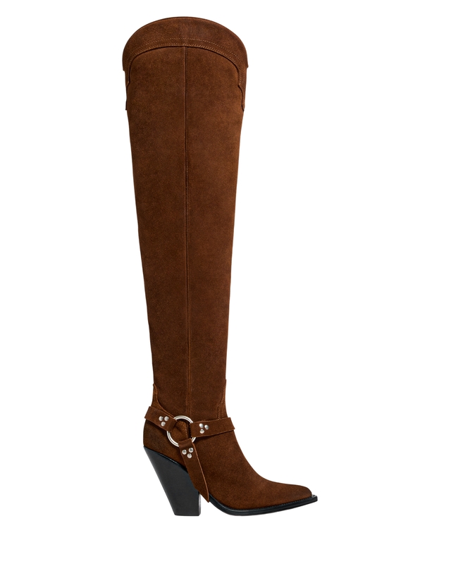 REYNOSA BELT Women's Over The Knee Boots in Rusty Brown Suede Oil | Leather Harness