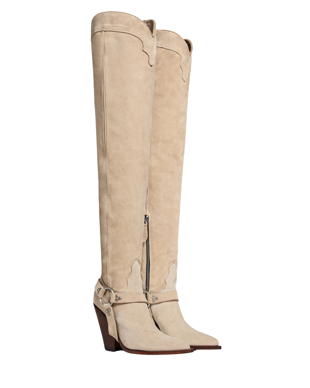 REYNOSA BELT Women's Over The Knee Boots in Sand Suede | Leather Harness
