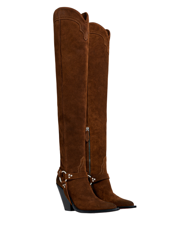 REYNOSA BELT Women's Over The Knee Boots in Rusty Brown Suede Oil | Leather Harness