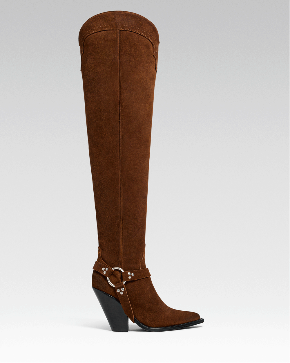 REYNOSA BELT Women's Over The Knee Boots in Rusty Brown Suede Oil | Leather Harness