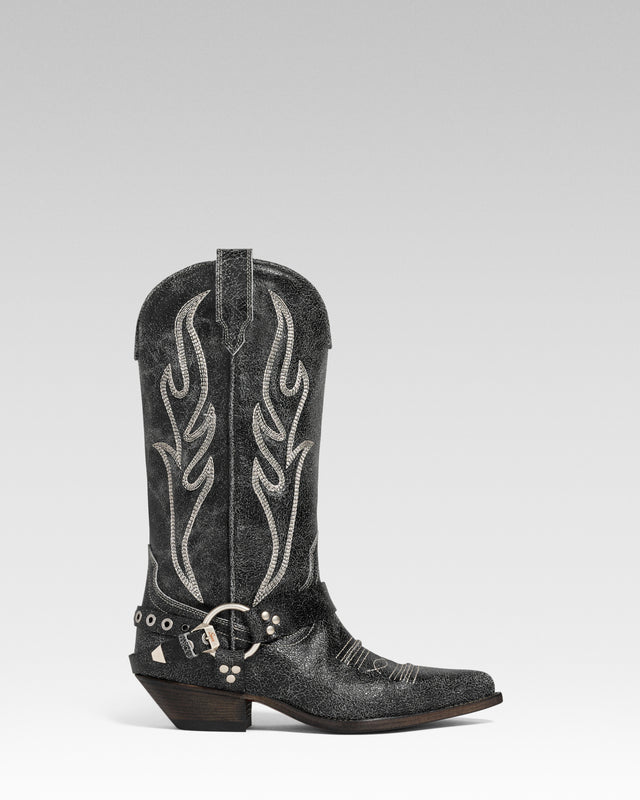 SANTA FE Woman's Cowboy Boots in Black Crazed Leather | Ecru Embroidery