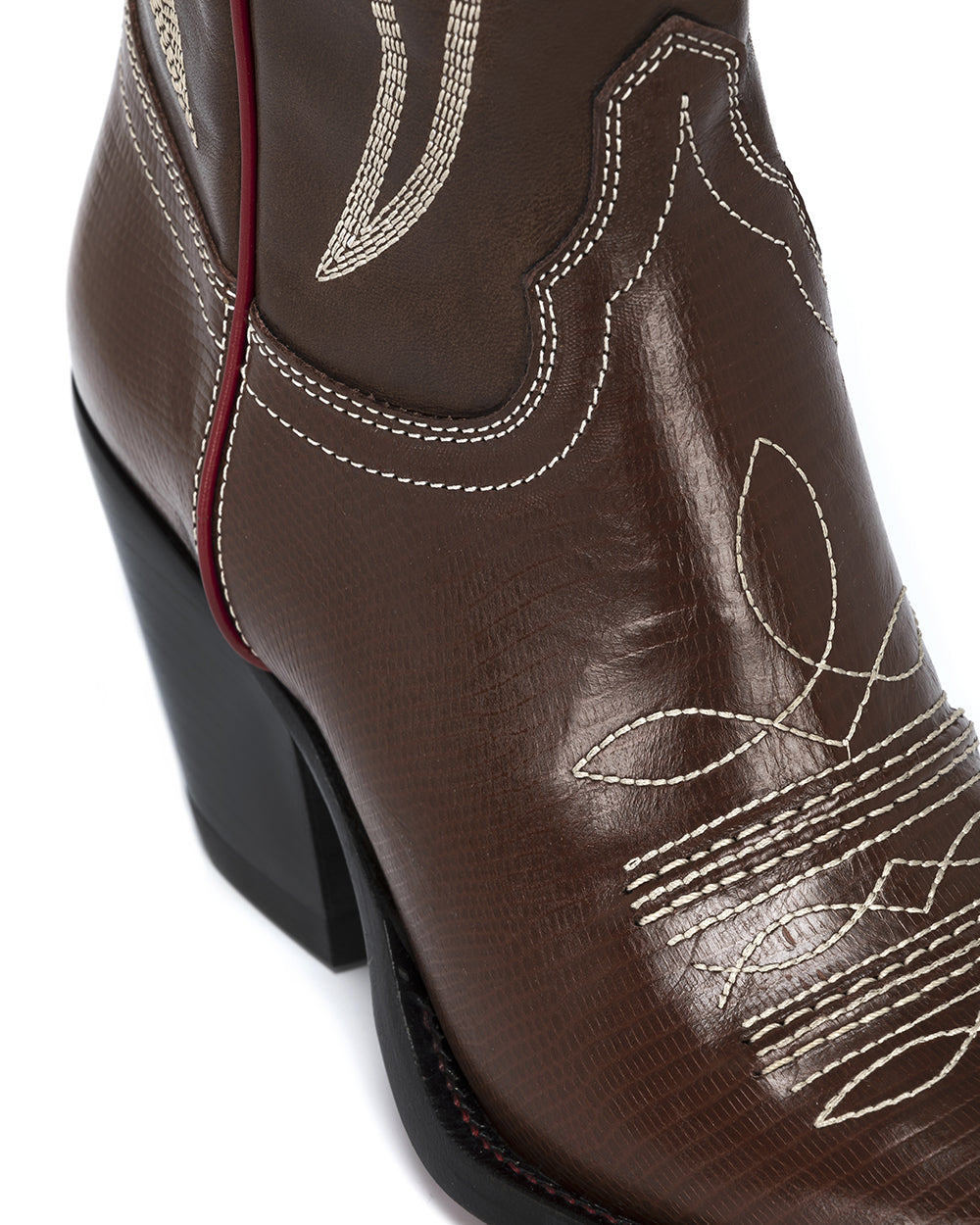 SANTA FE Women's Cowboy Boots in Brown Vacchetta and Printed Lizard | Ecru Embroidery