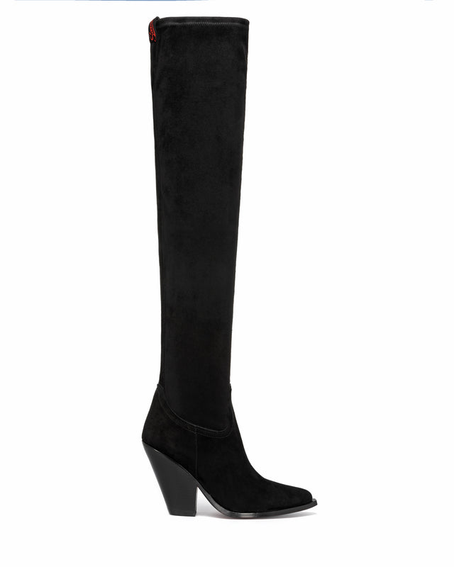 VILLA HERMOSA FLAME Women's Over the Knee Boots in Black Stretch Suede| Point Embroidery