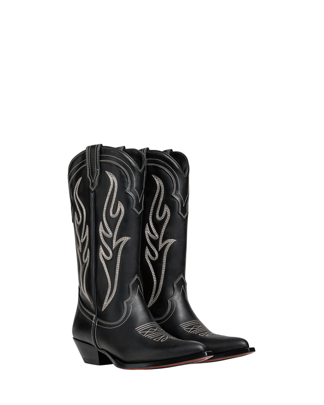 SANTA FE Women's Cowboy Boots in Black Calfskin | Off-White Embroidery