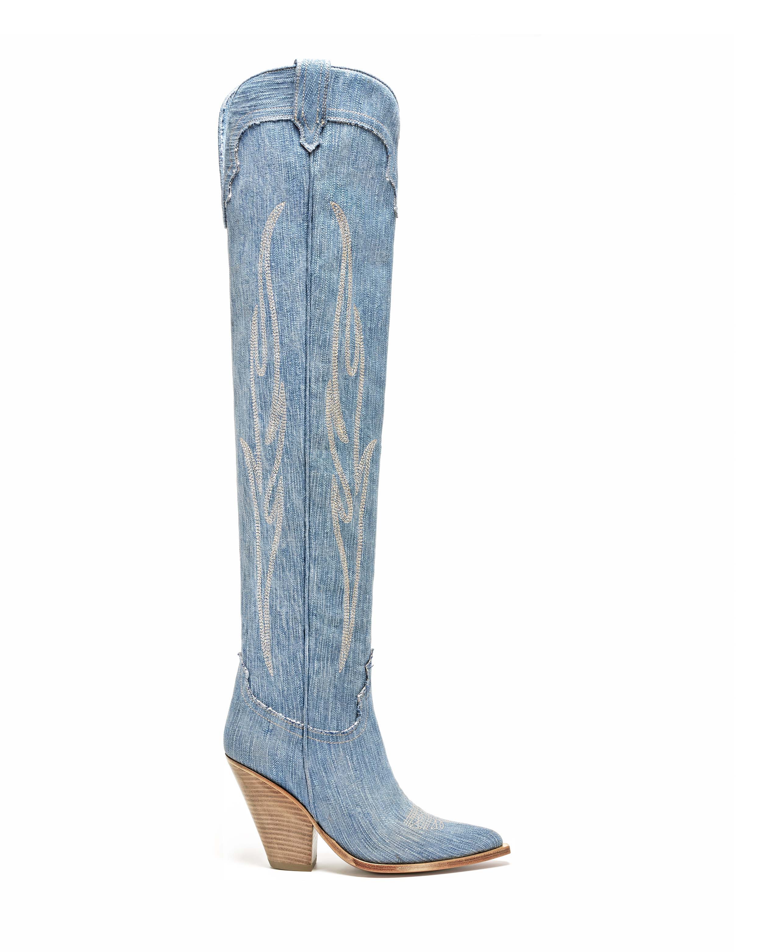 HERMOSA Women's Over The Knee Boots in Light Blue Jeans | Off-White Embroidery_Side_01