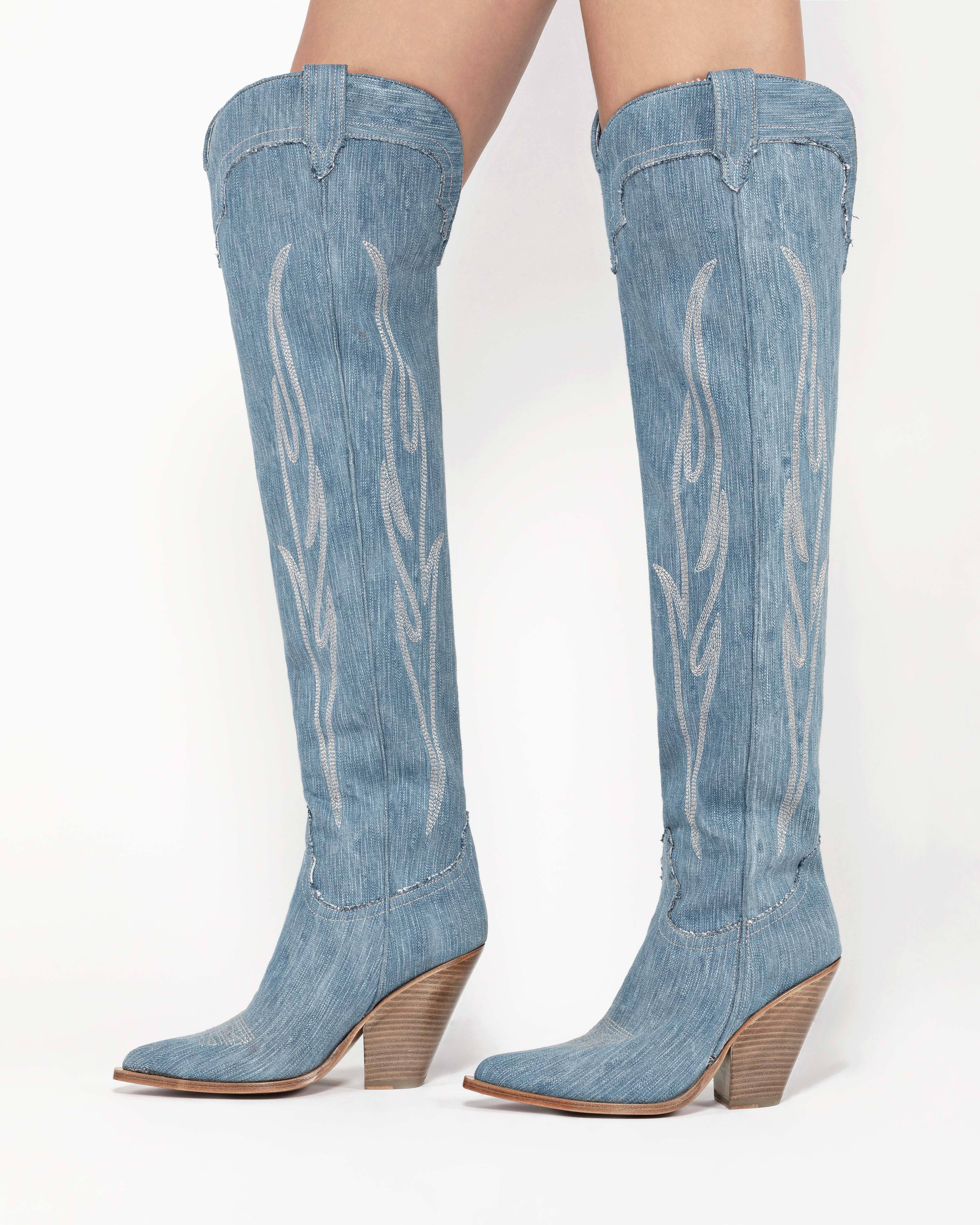 HERMOSA Women's Over The Knee Boots in Light Blue Jeans | Off-White Embroidery_Indossato_02