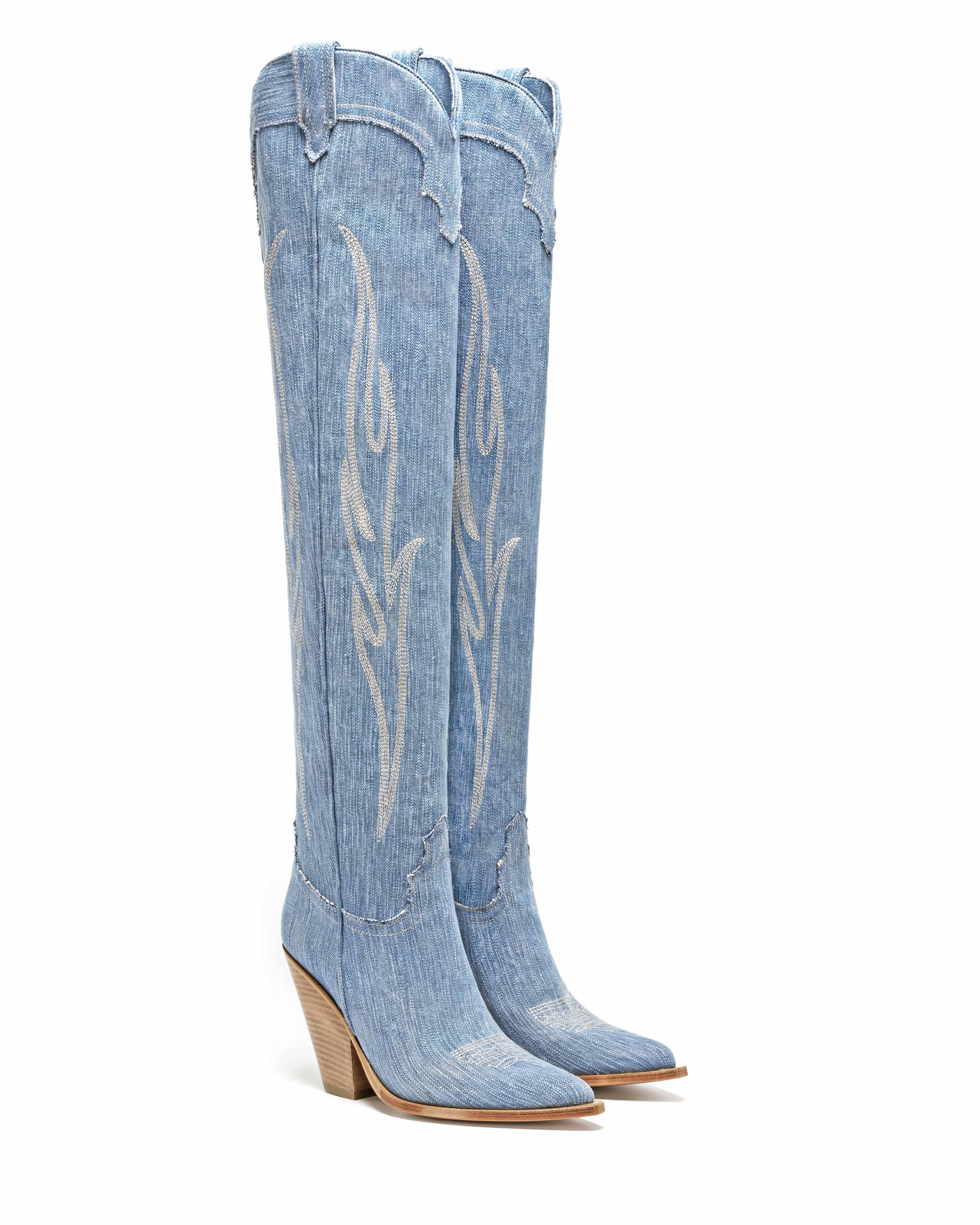 HERMOSA Women's Over The Knee Boots in Light Blue Jeans | Off-White Embroidery_Front_02