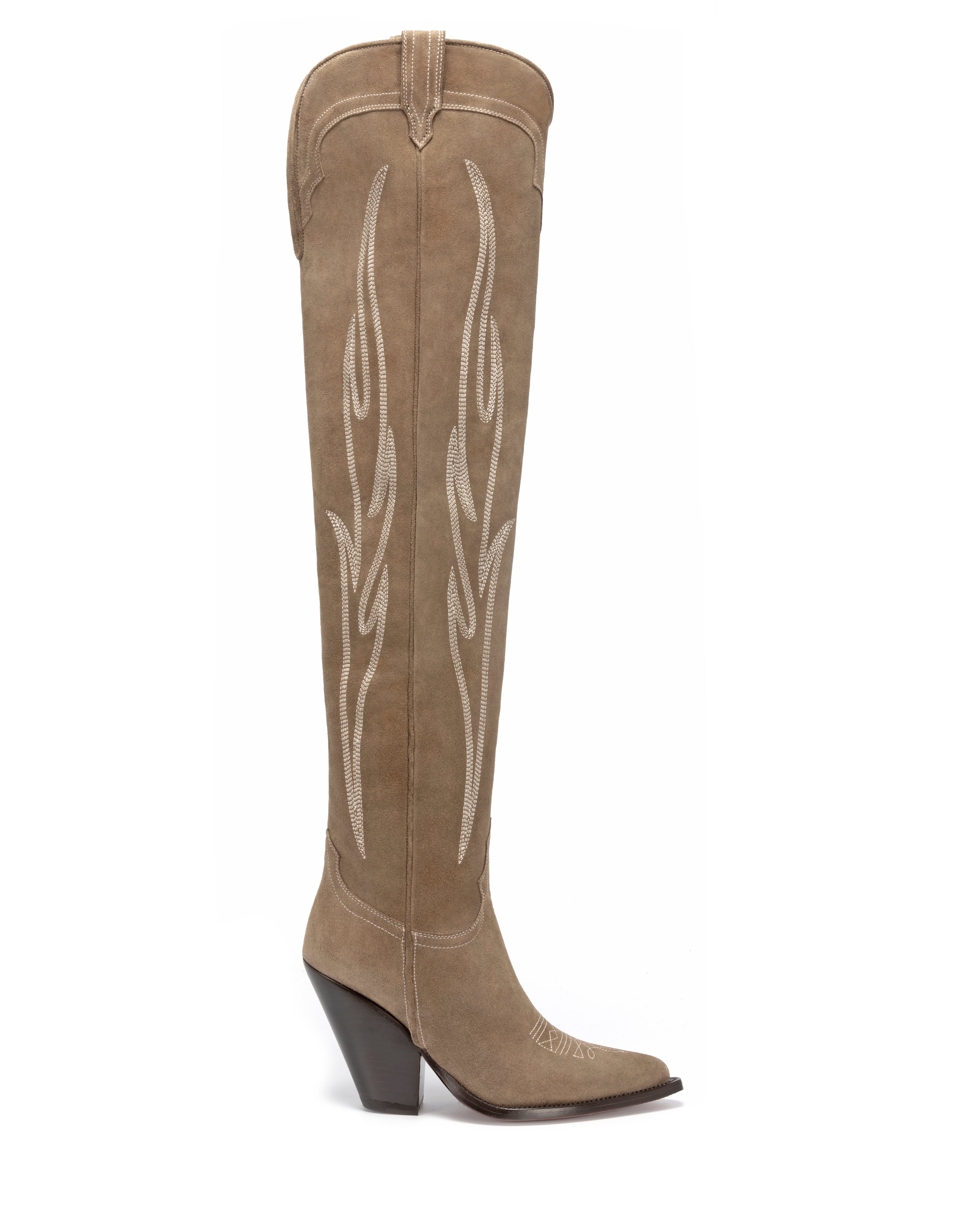 HERMOSA Women's Over The Knee Boots in Taupe Velour | Off-White Embroidery