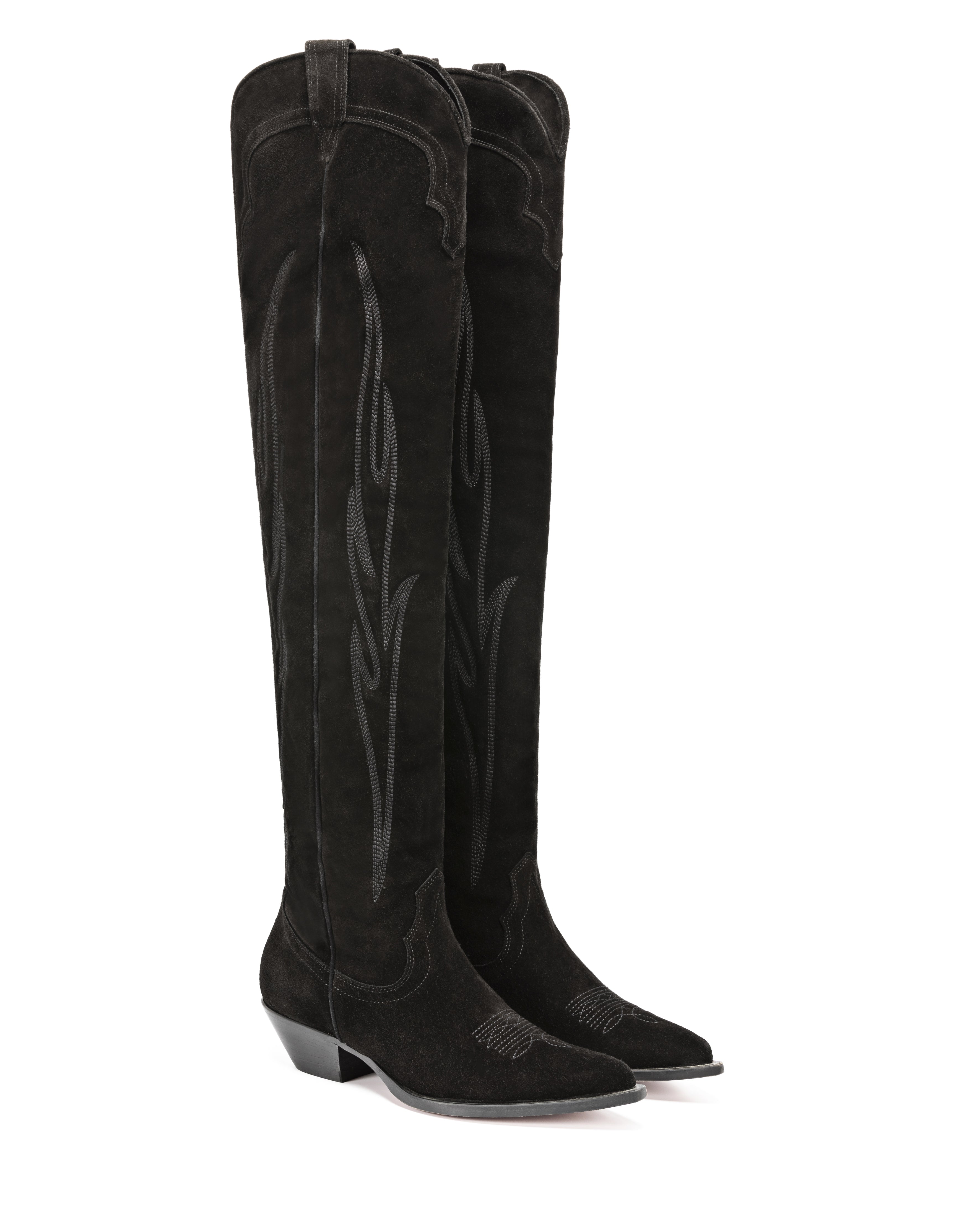 Hermosa Women's Over The Knee Boots in Black Suede | On Tone Embroidery 02