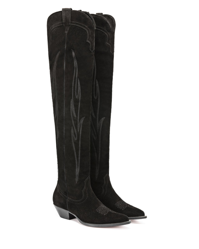 Hermosa Women's Over The Knee Boots in Black Suede | On Tone Embroidery 01