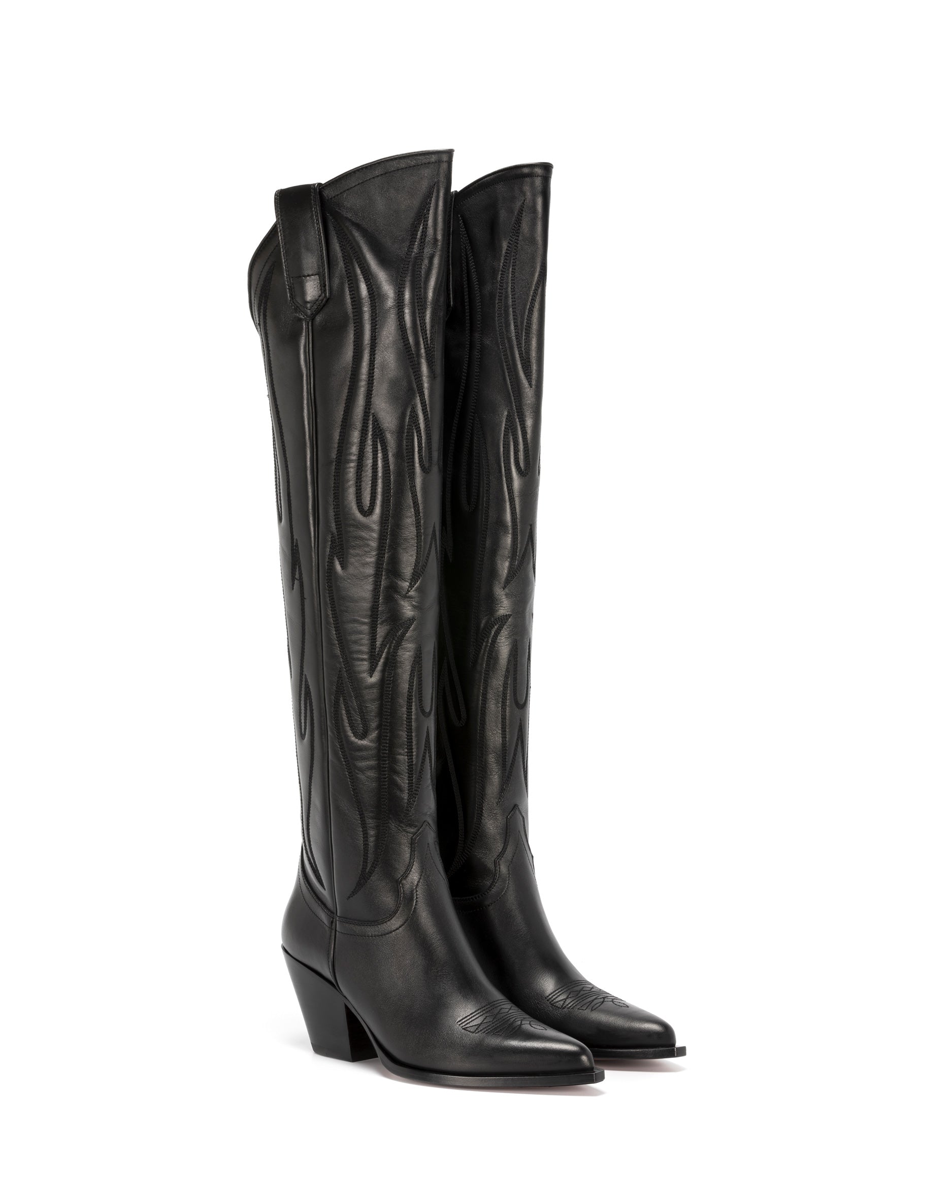 HERMOSILLO Women's Knee Boots in Black Calf | On Tone Embroidery 02