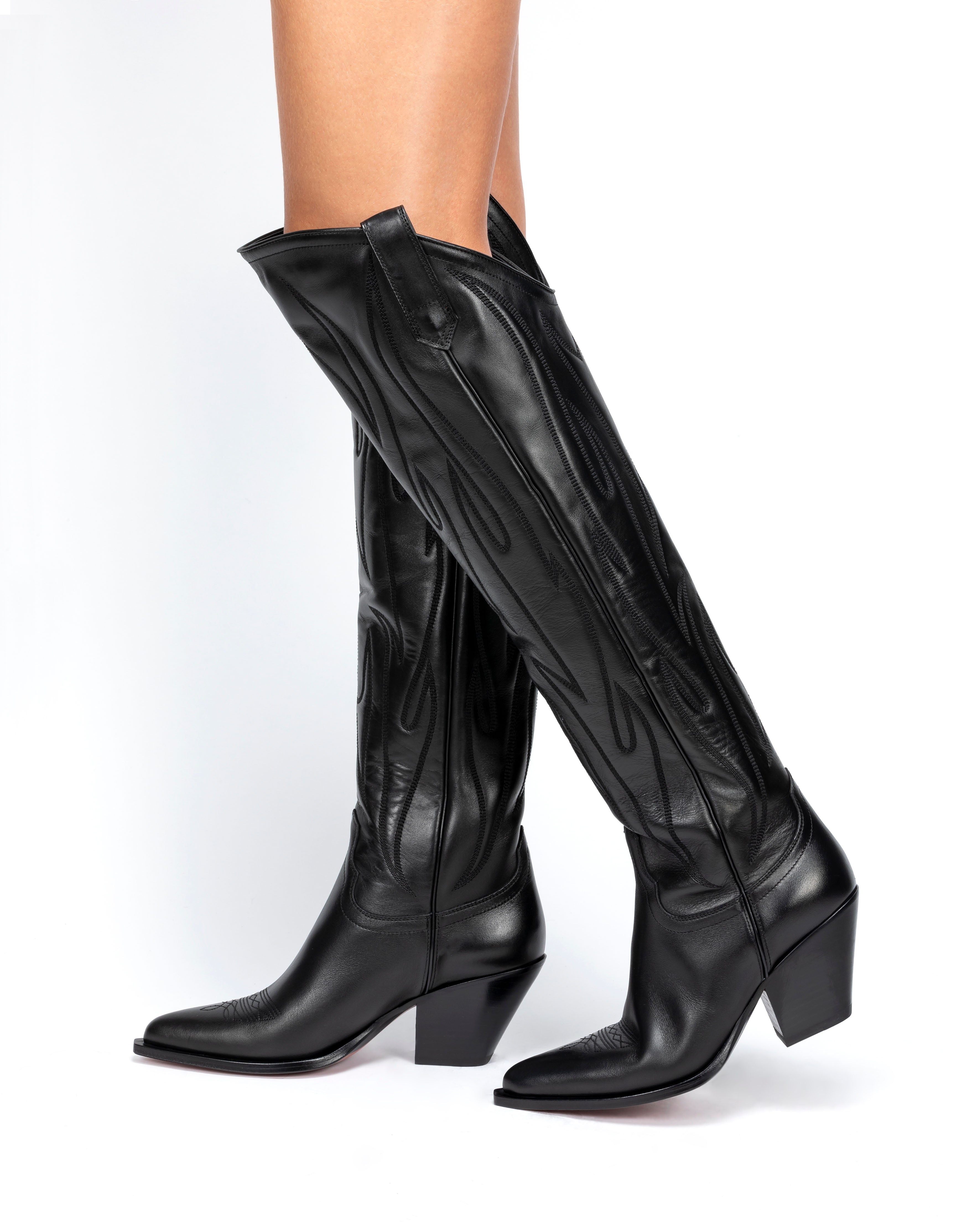HERMOSILLO Women's Knee Boots in Black Calf | On Tone Embroidery 03