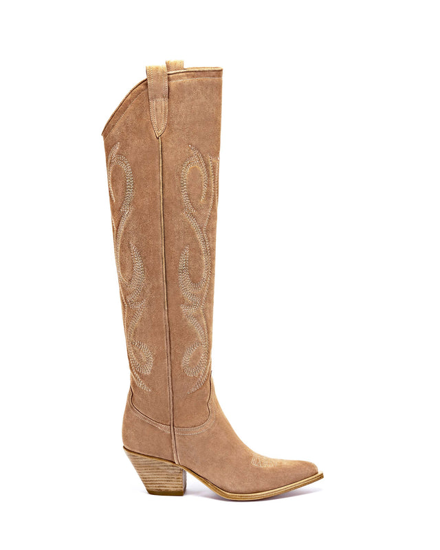 HERMOSILLO Women's Knee Boots in Cognac Suede | On Tone Embroidery_Side_01