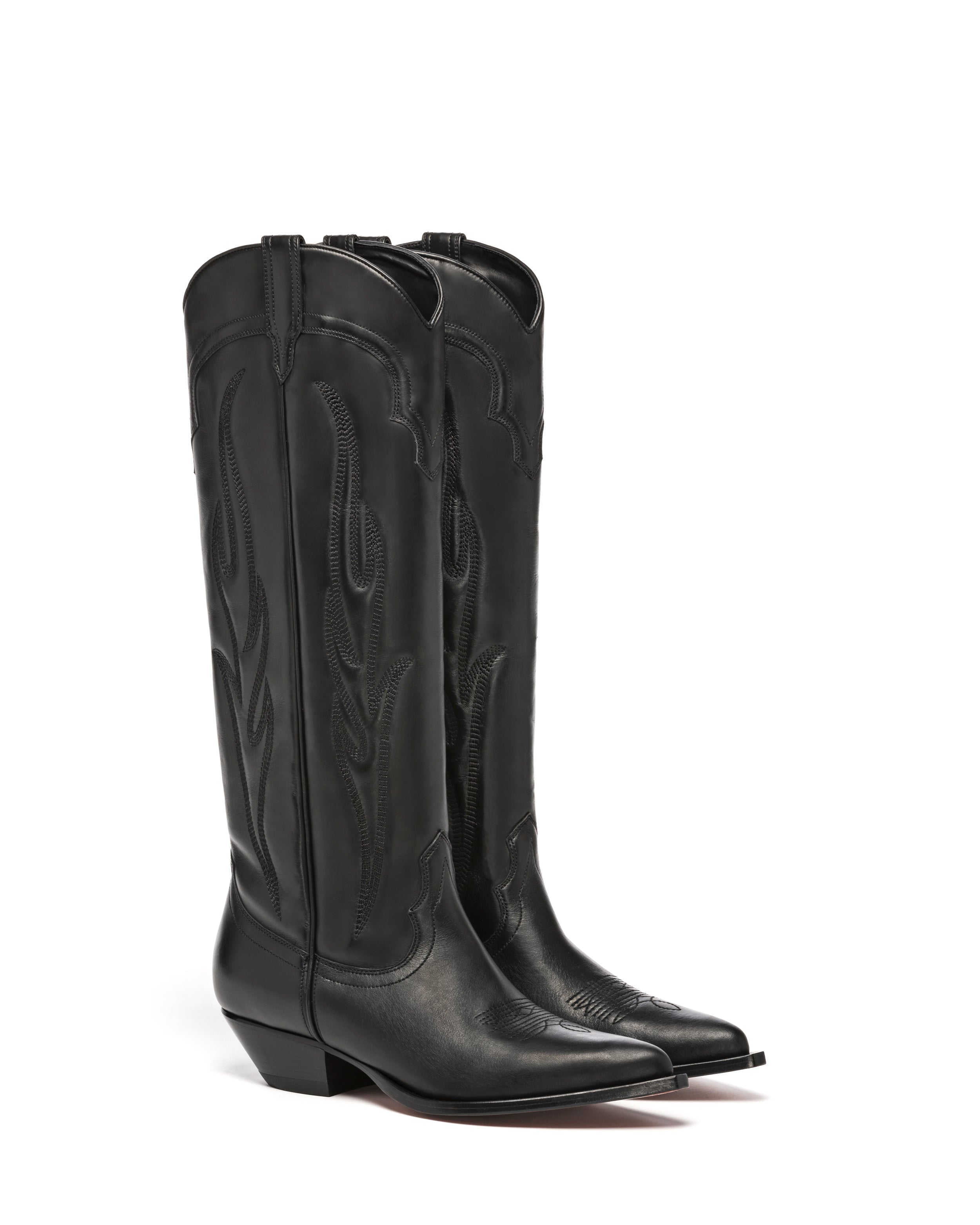 ROSWELL Women's Knee Boots in Black Calfskin | On Tone Embroidery