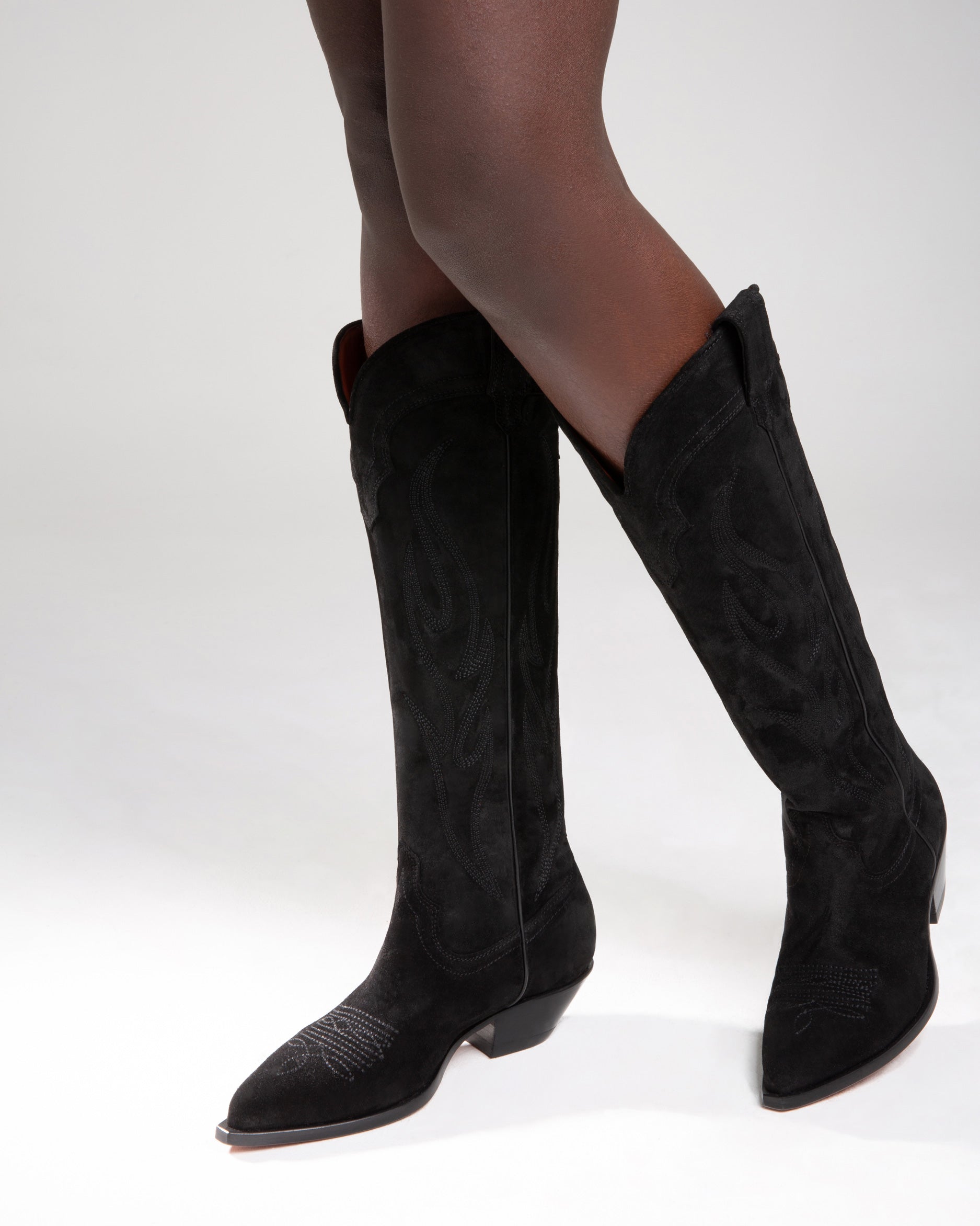 ROSWELL Women's Knee Boots in Black Suede | On Tone Embroidery