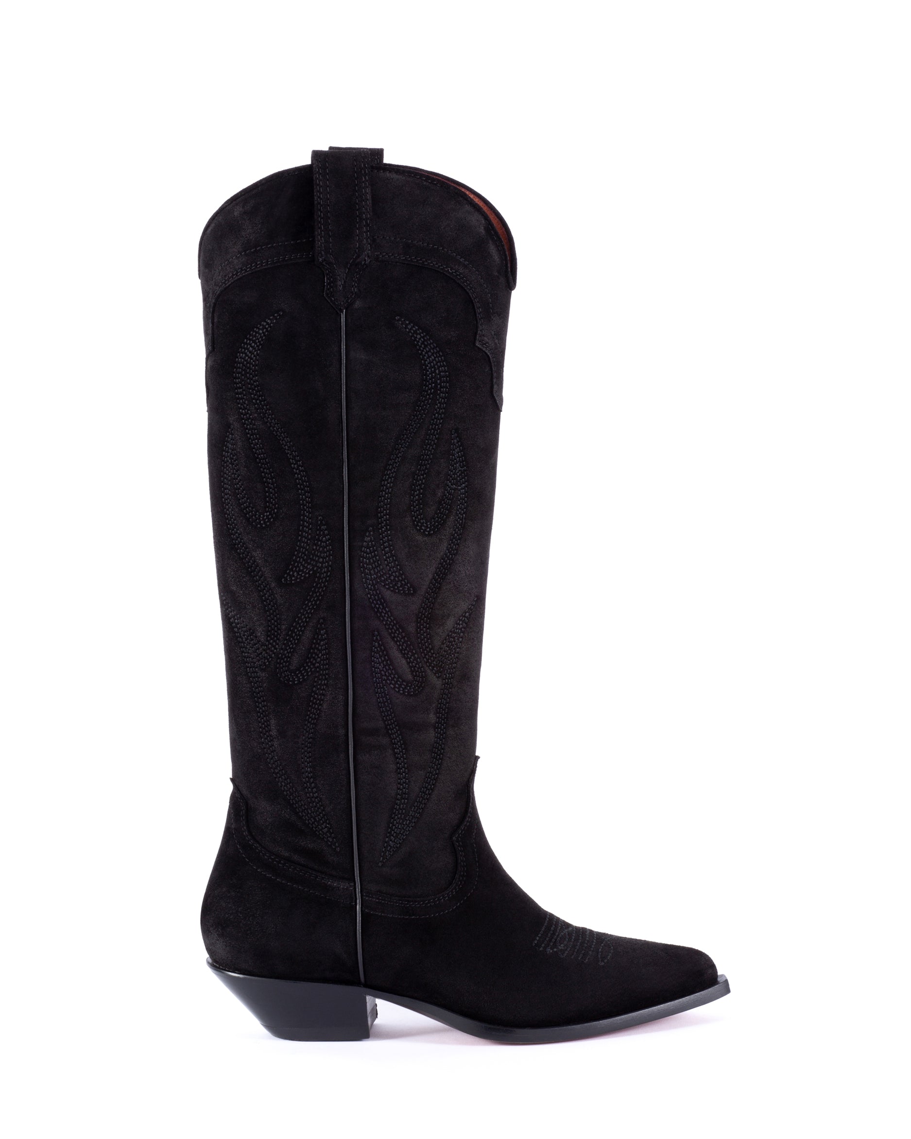 ROSWELL Women's Knee Boots in Black Suede | On Tone Embroidery