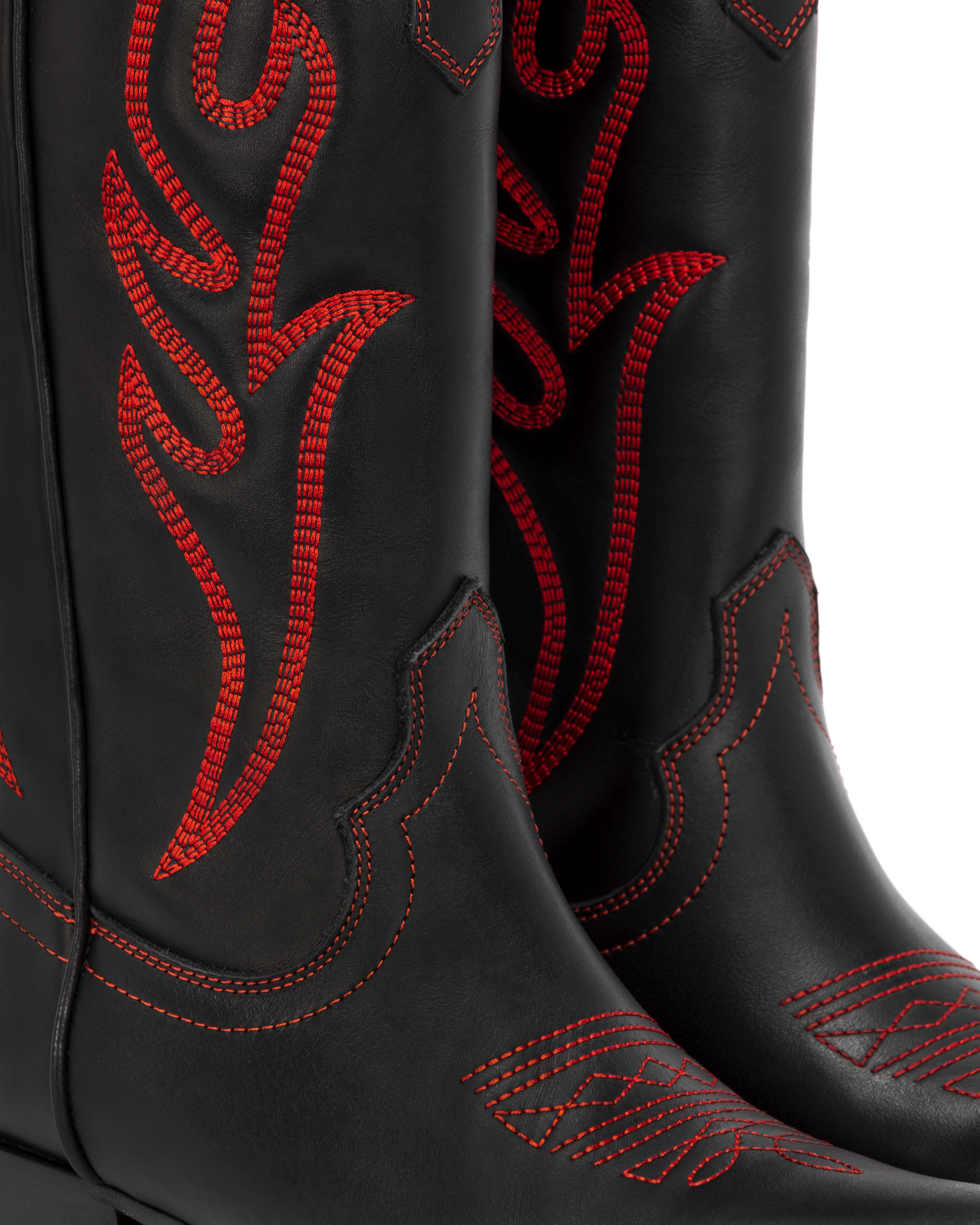 Woman Cowboy Boots in Black Calfskin with Red Embroidery, SANTA FE