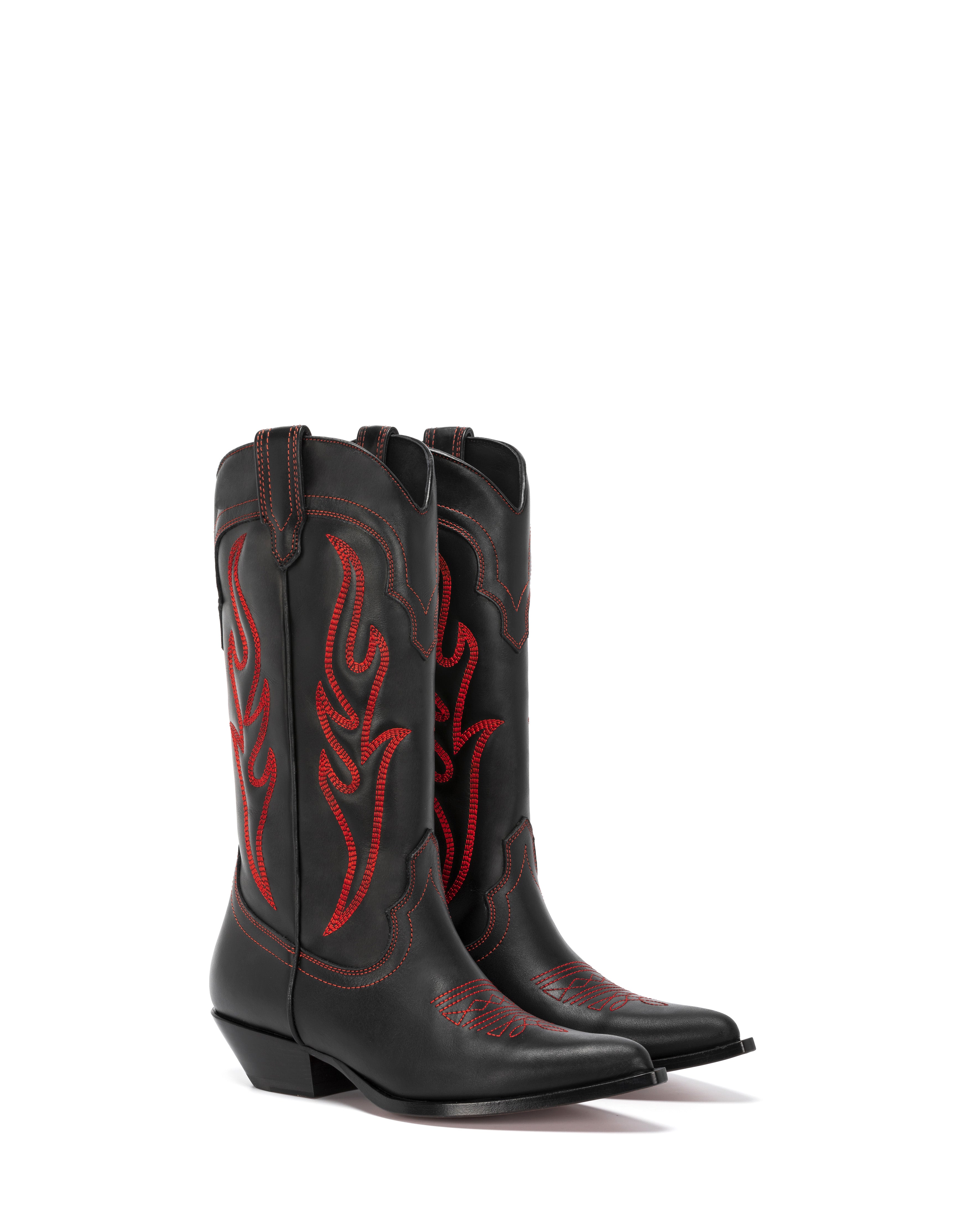 Woman Cowboy Boots in Black Calfskin with Red Embroidery | SANTA