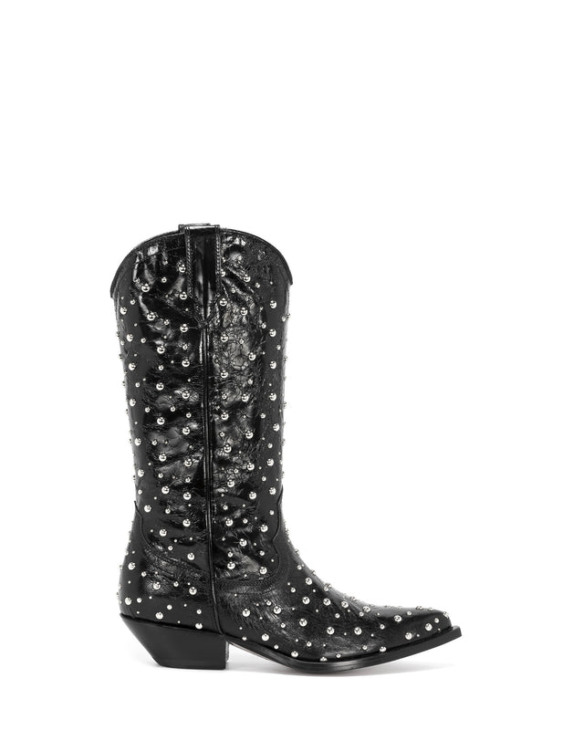SANTA FE Women's Cowboy Boots in Black Goatskin | Nikel Studs_01_Side