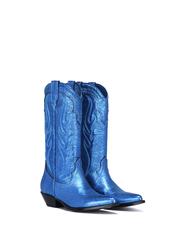SANTA FE Women's Cowboy Boots in Blue Laminated Goatskin | On Tone Embroidery_Side_01