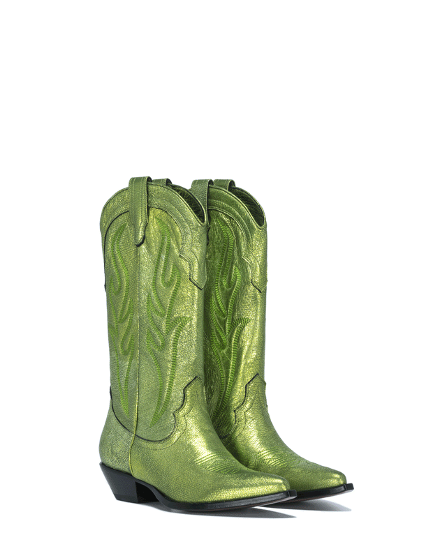 SANTA FE Women's Cowboy Boots in Green Laminated Goatskin | On Tone Embroidery_Side_01