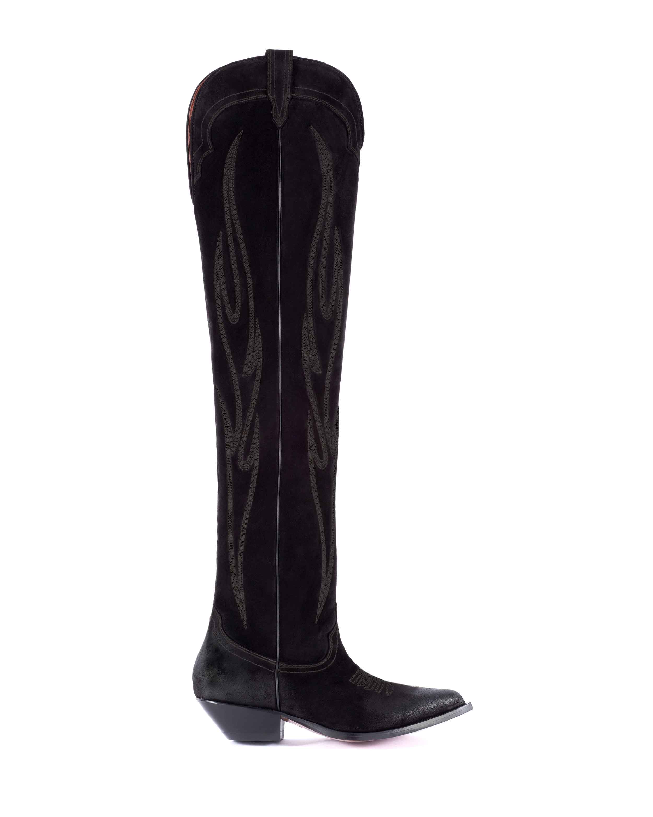 Hermosa Women's Over The Knee Boots in Black Suede | On Tone Embroidery 01